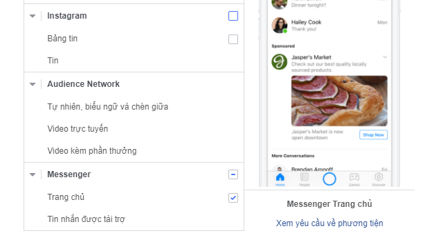 Chọn Messenger để chạy quảng cáo Facebook messenger