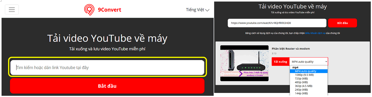 Tải video YouTube bằng 9convert