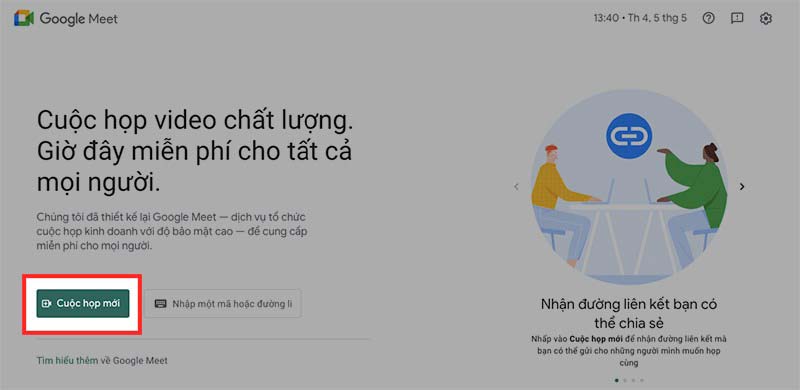 Cách tạo link google meet: Lúc này, trang web sẽ hiện ra giao diện mới