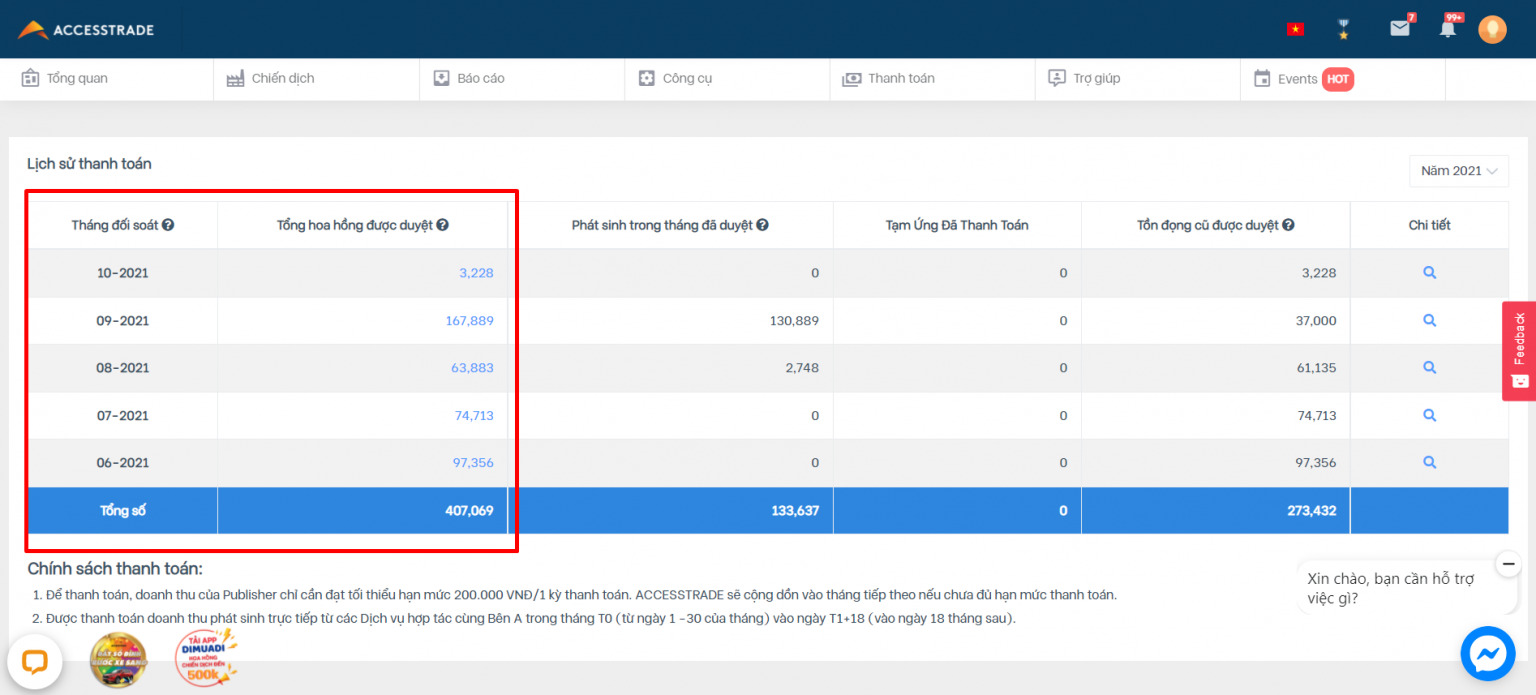 cách rút tiền từ ACCESSTRADE