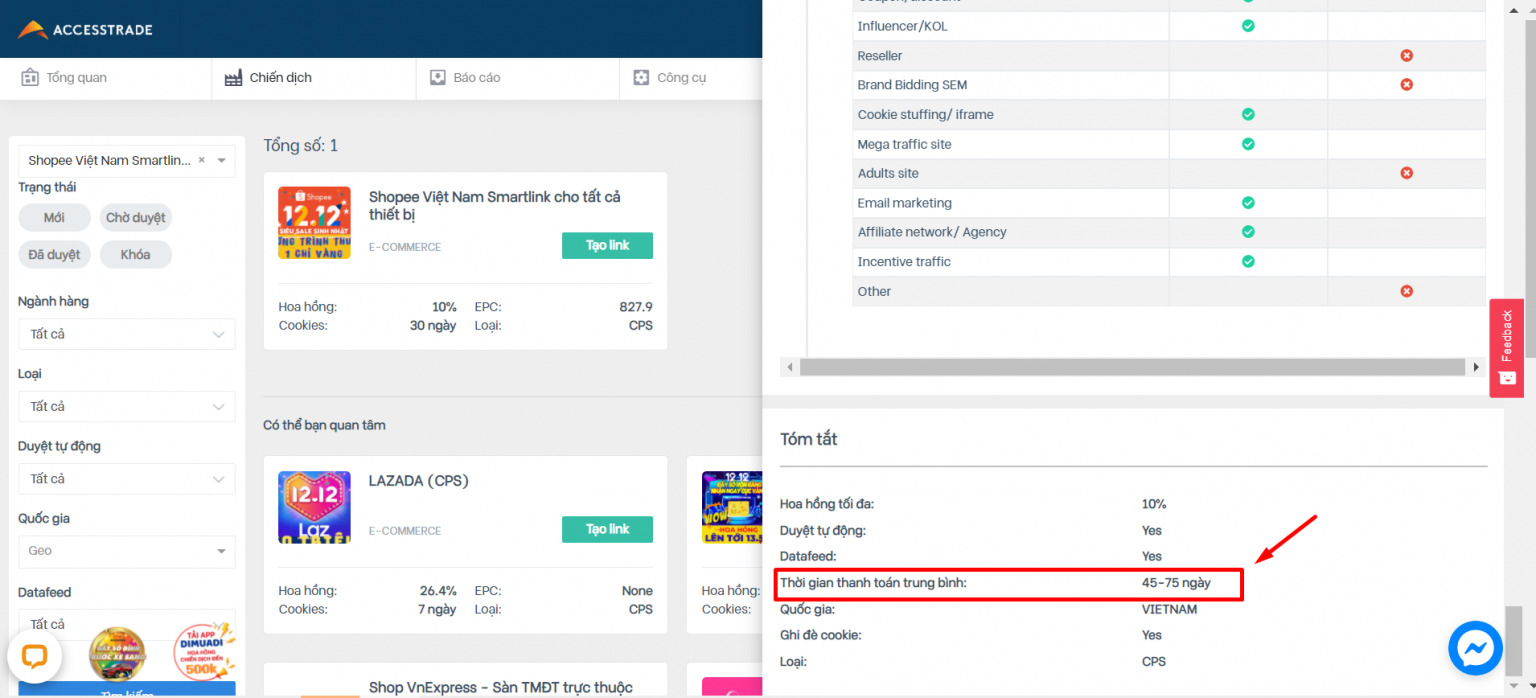 cách rút tiền từ ACCESSTRADE