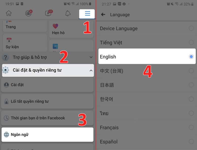 Nếu bạn đang dùng facebook Tiếng Việt thì chuyển qua Tiếng Anh hoặc ngược lại
