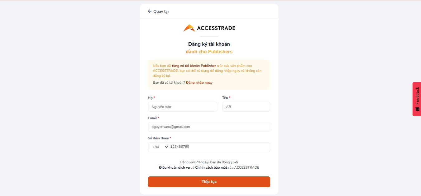 Trang đăng ký publisher dành cho người mới