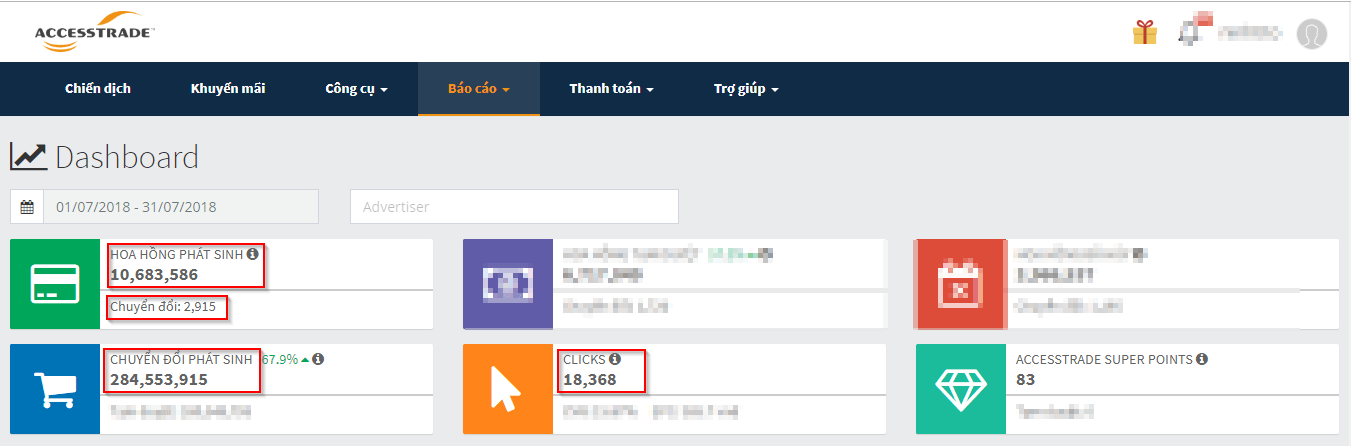 Hình chụp bảng theo dõi doanh thu thực tế từ ACCESSTRADE dashboard - Case study 3,000 đơn hàng/tháng vào 07/2018